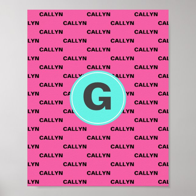 Poster Monograma com padrão de nome rosa quente (Frente)