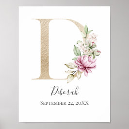 Poster Monograma D Cor-de-rosa - Letra Dourada Floral  Nu