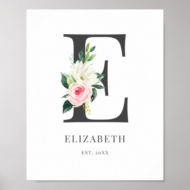 Poster Monograma da Letra E Aquarela Flores (Frente)