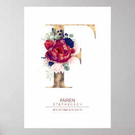 Poster Monograma da Letra F Floral Azul Marinho e Borgonh