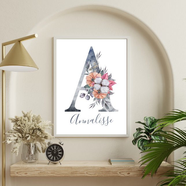 Poster Monograma de A de aguarela floral azul Nome  (Monogram A Blue Floral Watercolor Wall Art for Nursery or Girls Room )