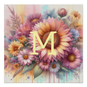 Póster Monograma de aquarela flórica cor de rosa girassol