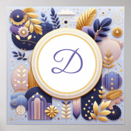 Poster Monograma de Arte de Parede Roxa e Dourada