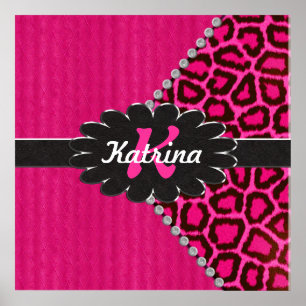 Póster Monograma de couro preto na chita cor-de-rosa