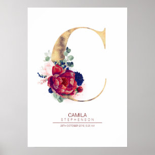 Poster Monograma de Floral Carta C Azul Marinho e Borgonh