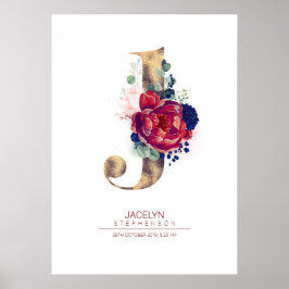 Poster Monograma de Floral Carta J Azul Marinho e Borgonh