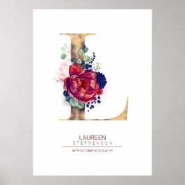 Poster Monograma de Floral Carta L Azul Marinho e Borgonh