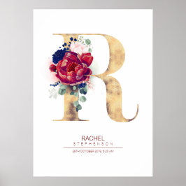 Poster Monograma de Floral Carta R Azul Marinho e Borgonh