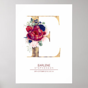 Poster Monograma de Floral da Letra E Azul Marinho e Borg