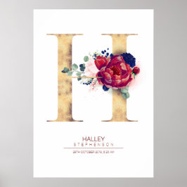 Poster Monograma de Floral da Letra H Azul Marinho e Borg