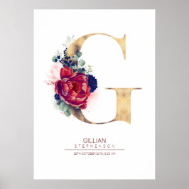 Poster Monograma de Floral de Letra G Azul Marinho e Borg