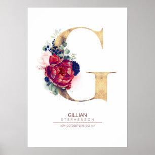 Poster Monograma de Floral de Letra G Azul Marinho e Borg