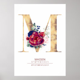 Poster Monograma de Floral de Letra M Azul Marinho e Borg