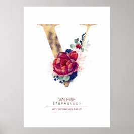 Poster Monograma de Floral de Letra V Azul Marinho e Borg