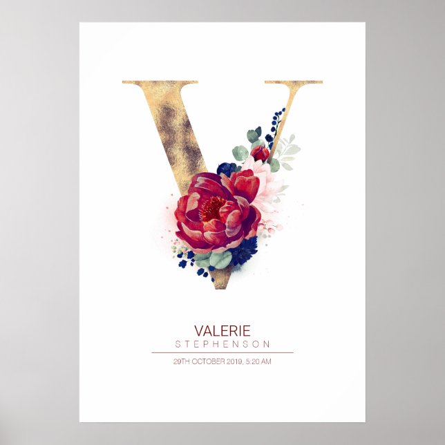 Poster Monograma de Floral de Letra V Azul Marinho e Borg (Frente)