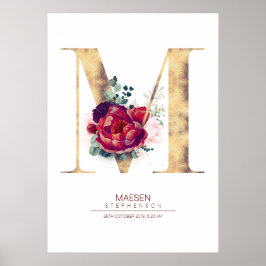 Poster Monograma de Floral Vermelho Burgundy e Dourado Le