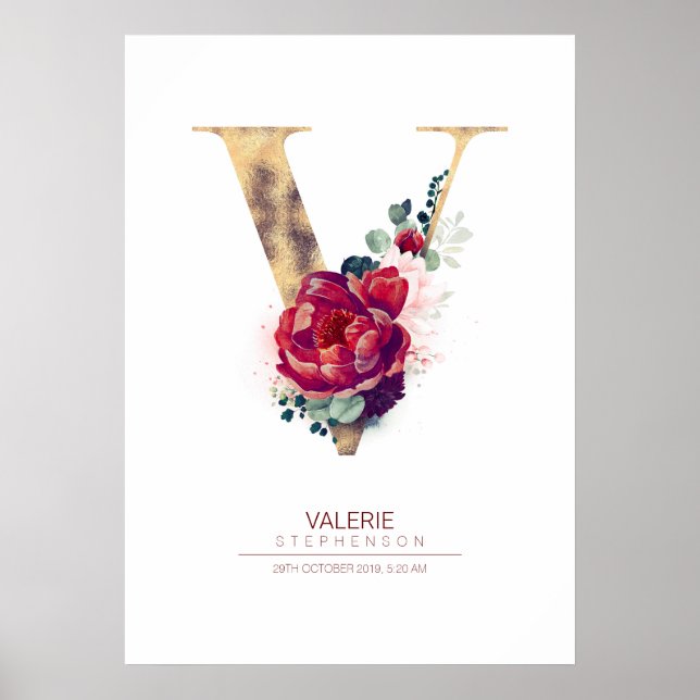 Poster Monograma de Floral Vermelho Burgundy e Dourado Le (Frente)