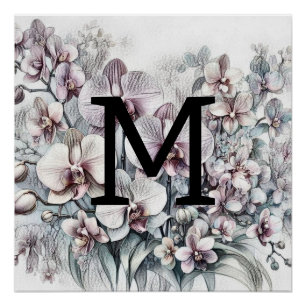 Póster Monograma de flores de orquídeas cor-de-rosa