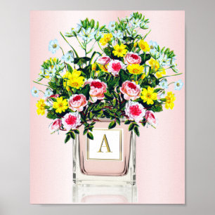 Poster Monograma de Frasco de Perfume Rosa, Buquê Floral
