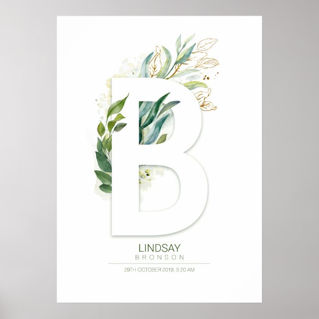 Poster Monograma de letra B dourado Foliagem Chic (Frente)