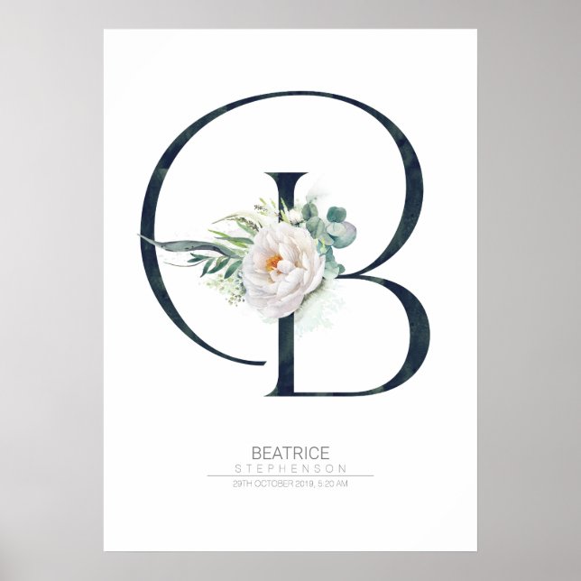 Poster Monograma de Letra B Flores Brancas e Folhagens (Frente)