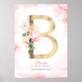 Poster Monograma de Letra B Folhas Douradas Flor de Magnó