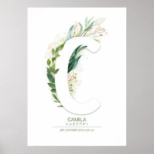 Poster Monograma de letra C dourado folhagem Chic