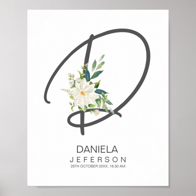 Poster Monograma de Letra D Decoração Floral Rosa (Frente)