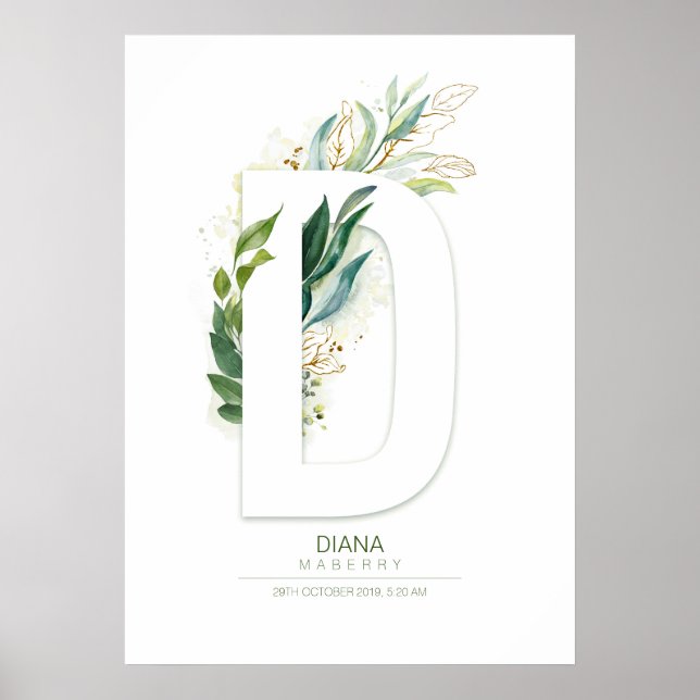 Poster Monograma de letra D dourada folhagem Chic (Frente)