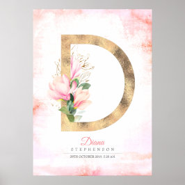 Poster Monograma de Letra D Dourado Folhas Magnólia Rosa 