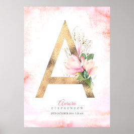 Poster Monograma de Letra Dourada Folhas de Magnólia Rosa