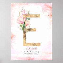 Poster Monograma de Letra E Dourado Folhas Magnólia Rosa 