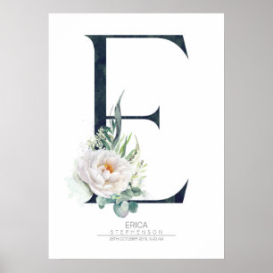 Poster Monograma de Letra E Flores Brancas e Folhagem