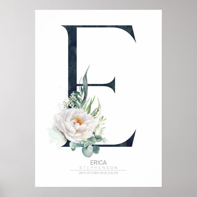 Poster Monograma de Letra E Flores Brancas e Folhagem (Frente)