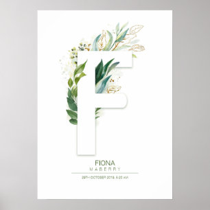 Poster Monograma de Letra F Dourado Folhagem Chic