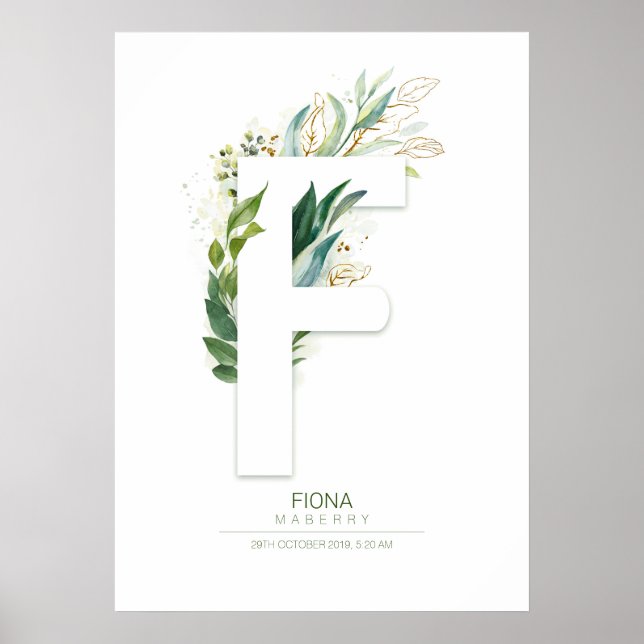 Poster Monograma de Letra F em Ouro com Folhagem Chic (Frente)