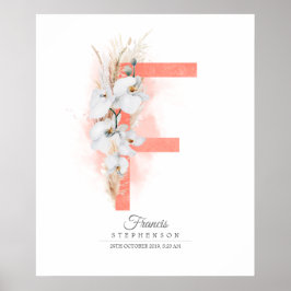 Poster Monograma de Letra F Orquídeas Brancas e Grama Pam