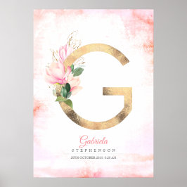 Poster Monograma de letra G dourado com folhas de magnóli