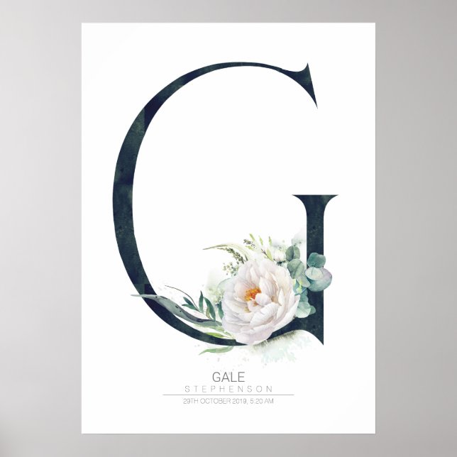 Poster Monograma de Letra G Flores Brancas e Verdura (Frente)