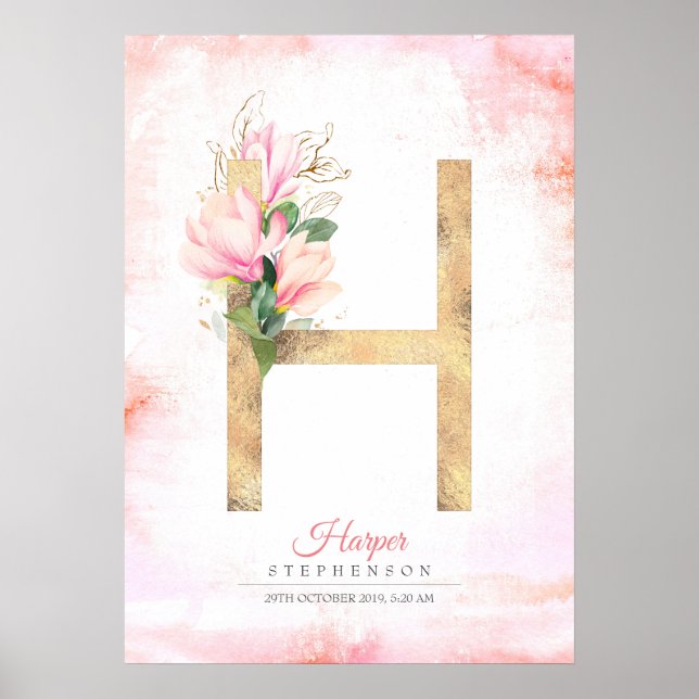 Poster Monograma de letra H dourado com folhas de magnóli (Frente)