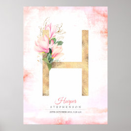 Poster Monograma de letra H dourado com folhas de magnóli