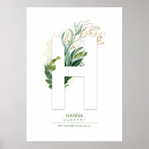 Poster Monograma de letra H dourado Foliagem Chic