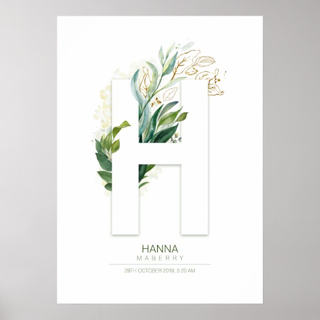 Poster Monograma de letra H dourado Foliagem Chic (Frente)