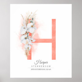 Poster Monograma de Letra H Orquídeas Brancas e Grama Pam