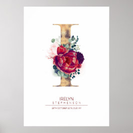 Poster Monograma de Letra I Floral Burgundy Vermelho e Do