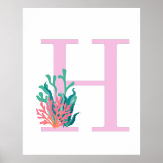 Poster Monograma de Letra Inicial H Cartaz Rosa Coral Tur