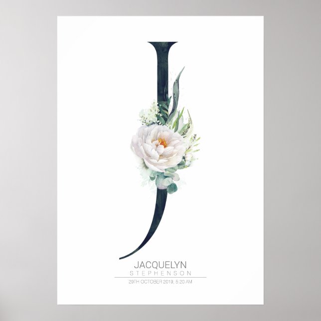 Poster Monograma de Letra J com Flores Brancas e Folhagem (Frente)