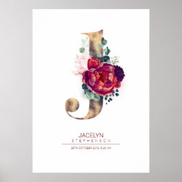 Poster Monograma de Letra J Floral Burgundy Vermelho e Do