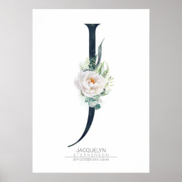 Poster Monograma de Letra J Flores Brancas e Folhagens
