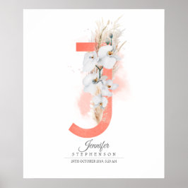 Poster Monograma de Letra J Orquídeas Brancas e Grama Pam